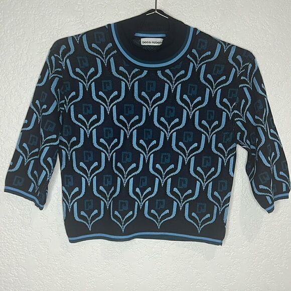 New PACO RABANNE Cropped Turtleneck Knit Top in Blue Jacquard Logo Large - Picture 3 of 16